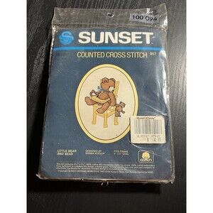 Sunset Designs Cross Stitch Kit Vintage Little Bear & Teddy #957 4" X 5" Oval
